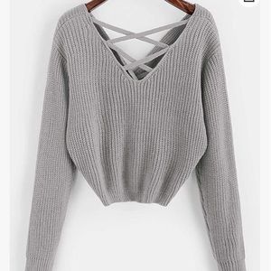 V neck twist back gray sweater criss cross front